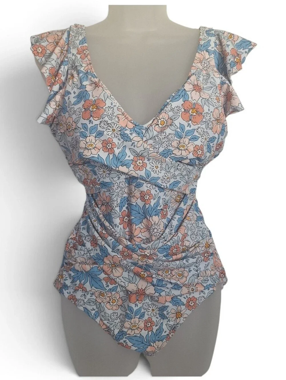 B2prity One Piece Swimsuit Flutter Sleeve Slimming Floral Medium Womens